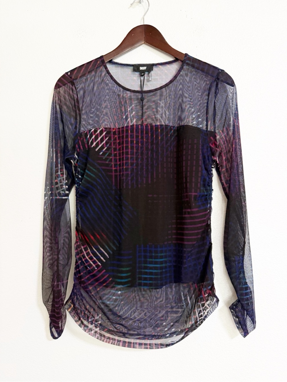 NEW DKNY Colorful Y2K Mesh Long Sleeve Top Black Size M